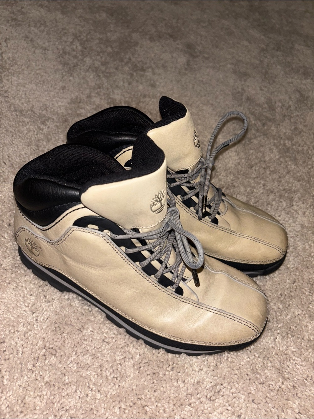 Timberland Beige Leather Hiking Field Boots Black Mudguarda Size 8M